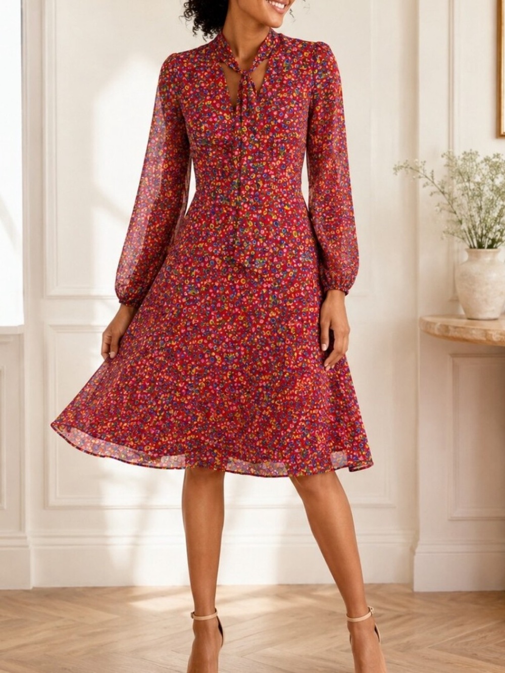 Boden Imogen Ditsy Floral Tie-Neck Long-Sleeve Dress 4R Garden Party Easter
